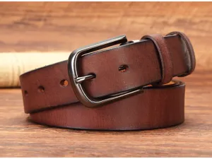 Men vintage genuine leather belt with dark metal pin buckle retro casual jeans belt