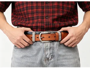 Men's genuine leather vintage pin buckle belt casual brown cowhide jeans belt for daily wear