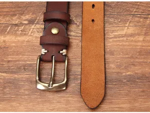 Men genuine leather belt casual vintage pin buckle brown cowhide detailed view for jeans