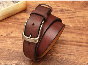 Vintage genuine leather belt for men with classic metal pin buckle casual brown cowhide strap detail