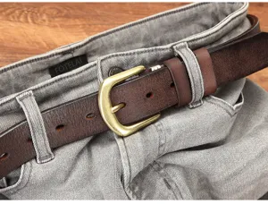 Cintura rétro in vera pelle da uomo con fibbia in ottone stile vintage per jeans