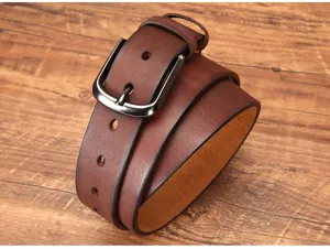 Close-up detail of a men's dark brown genuine cowhide leather belt with a dark metal buckle.