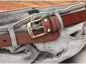 Detailed close-up view of men's genuine leather casual belt featuring a metal pin buckle.