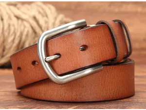 Detail shot of brown leather belt pin buckle retro cowhide men casual waist strap