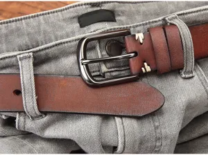 Men's vintage genuine leather belt detail view, stylish pin buckle and durable strap.