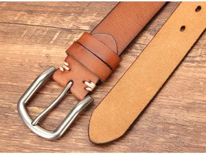 Detailed view of mens vintage genuine leather belt with metal pin buckle and craft stitching.