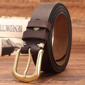 Cintura in Vera Pelle da Uomo Vintage Casual Fibbia ad Ardiglione Fibbia in Ottone Cintura per Jeans Accessori Moda
