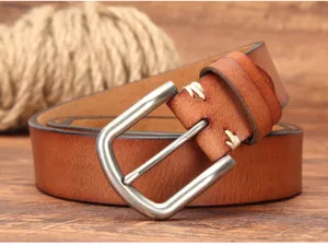 Close-up detail of vintage brown leather men belt with metal pin buckle and stitching.