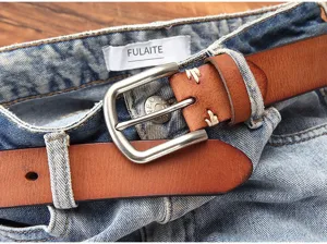 Men's vintage genuine leather belt with stylish metal pin buckle for casual jeans wear.