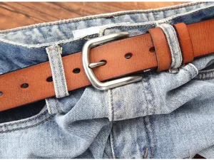 Men's vintage genuine leather belt with classic pin buckle, perfect casual jeans accessory.