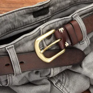 Cintura da uomo in vera pelle con fibbia ad ardiglione in ottone stile vintage jeans.