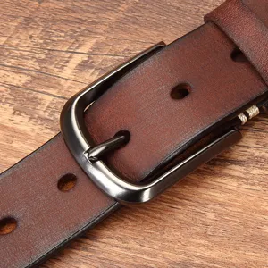 Men's retro top-layer cowhide leather belt with durable black metal pin buckle for jeans.