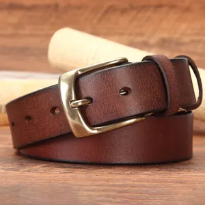Mens casual genuine leather belt with classic metal pin buckle for jeans vintage stylish brown