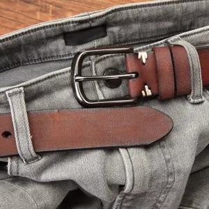 Men vintage genuine top layer cowhide leather belt for stylish retro casual jeans trousers