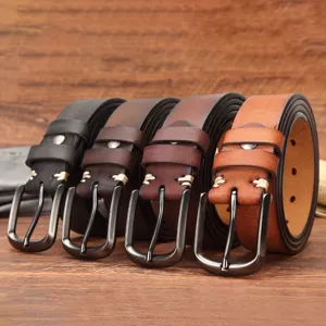 Men's genuine top layer cowhide leather belt vintage casual jeans belt with metal pin buckle