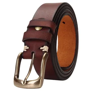 Men's genuine leather belt with antique metal pin buckle, classic brown casual cowhide waist belt