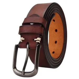 Mens vintage genuine leather belt casual jeans belt with metal pin buckle brown top layer cowhide