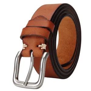 Heren echt lederen riem casual retro rundleer broeksriem met stijlvolle metalen gesp voor jeans