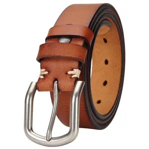 Men's vintage genuine leather belt with pin buckle, casual brown cowhide strap for jeans.
