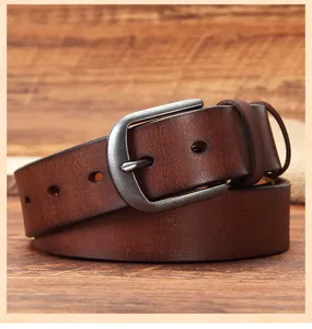 Vintage genuine leather belt for men with solid pin buckle, durable cowhide casual jeans belt.