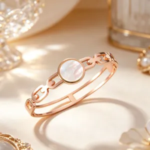 Stainless Steel Rose Gold Plated Women Bangle Bracelet White Mother of Pearl Classic Fashion Jewelry Wrist Band