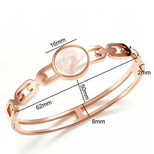 Detailed view of rose gold titanium steel bracelet with white pearl and size measurements.