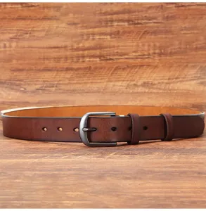 Men genuine leather belt vintage style solid pin buckle strap detailed close up shot view