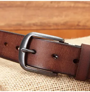 Men vintage genuine leather belt with solid metal pin buckle classic brown casual style