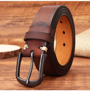 Vintage brown genuine leather men belt with solid metal pin buckle for casual jeans wear.