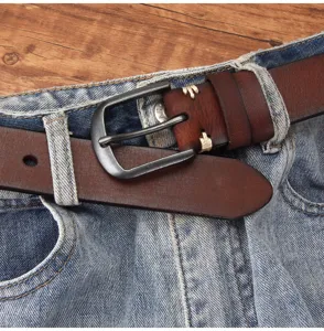 Men vintage genuine leather belt with solid pin buckle, casual jeans belt for daily wear.