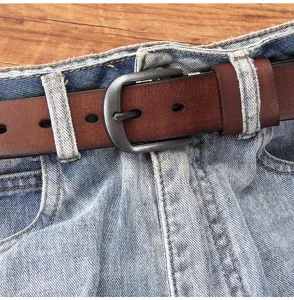 Men leather belt retro vintage handmade solid pin buckle jeans top layer cowhide strap