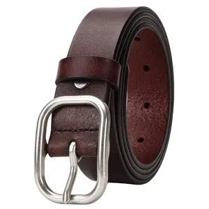 Cinturon de mujer de cuero genuino vintage hebilla de pinza plateada marron pantalon elegante