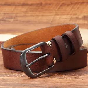 Men genuine leather vintage belt with solid pin buckle, handmade cowhide casual jeans waist belt