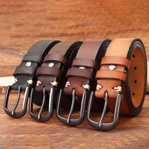 Men genuine leather vintage belt casual heavy duty pin buckle cowhide jean belt main view