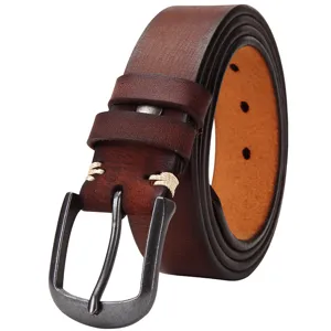 Mens genuine leather vintage pin buckle belt casual dark brown stylish cowhide waist