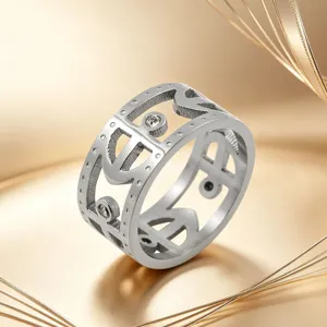 Detailed view of the elegant hollow silver ring featuring a unique cutout geometric anchor pattern.