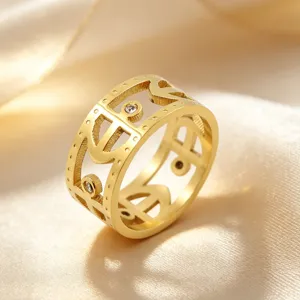 Minimalist Stainless Steel Hollow Out Geometric Ring PVD 18K Gold Plated Rhinestone Anchor Enamel Band Ring for Women Men Trendy Jewelry Gift