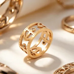 Gold plated wide cutout ring detail shot, modern fashion titanium steel jewelry for women.