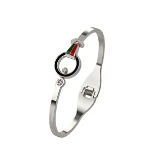 Titanium steel women cuff bracelet with red green stripe and crystal stones elegant jewelry