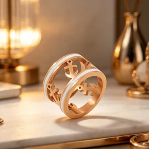 Elegant rose gold wide hollow ring with white enamel and nautical anchor motif fashion jewelry