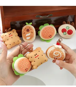 Porte-clés en peluche mignons en forme de nourriture, biscuits burger doux pour cartables sacs.