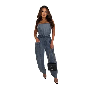 Donna Tutu Jeans Senza Spalline Casuale Slim Fit Gamba Dritta Larga Pantaloni Lunghi