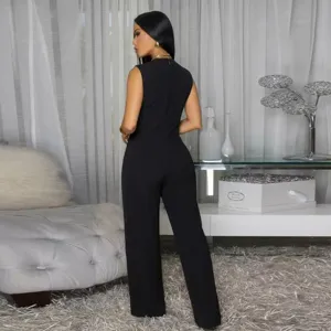 Black sleeveless wide-leg jumpsuit detail view showing clean back design and elegant fit.
