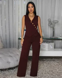 Elegant sleeveless asymmetric button vest and wide leg pants suit set in dark red.