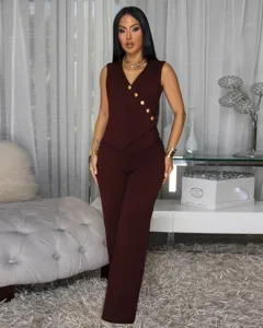 Elegant dark brown sleeveless vest wide leg pants set detail view fashion womenswear