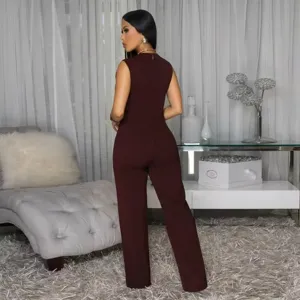 Women's sleeveless casual wide leg jumpsuit solid color elegant long pants outfit for ladies