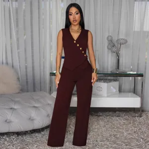 Elegant women sleeveless vest and high waist wide leg trousers two piece set outfit