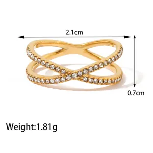 Anillo cruzado de circón chapado en oro para mujer, elegante joya de moda, accesorio de fiesta.