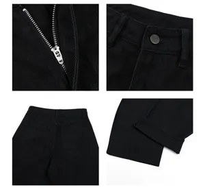 Detailed shots of black loose wide leg casual pants featuring zipper, button and cuff details.