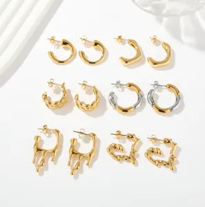 Pendientes de Aro Geométricos en Forma de C de Acero Inoxidable Elegantes para Mujer Chapados en Oro de 18K Pendientes de Corazón de Flor Fluida de Dos Tonos Joyería